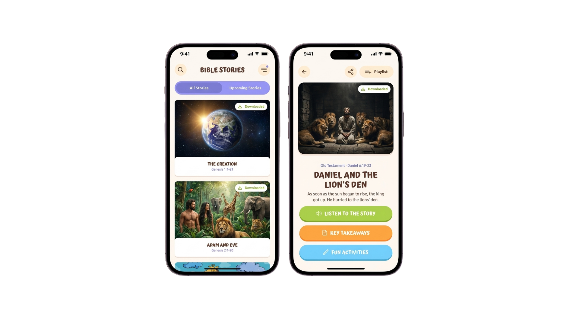 Bible App for Kids on two phones: an illustrated story library and a story page with listen, takeaways and activities